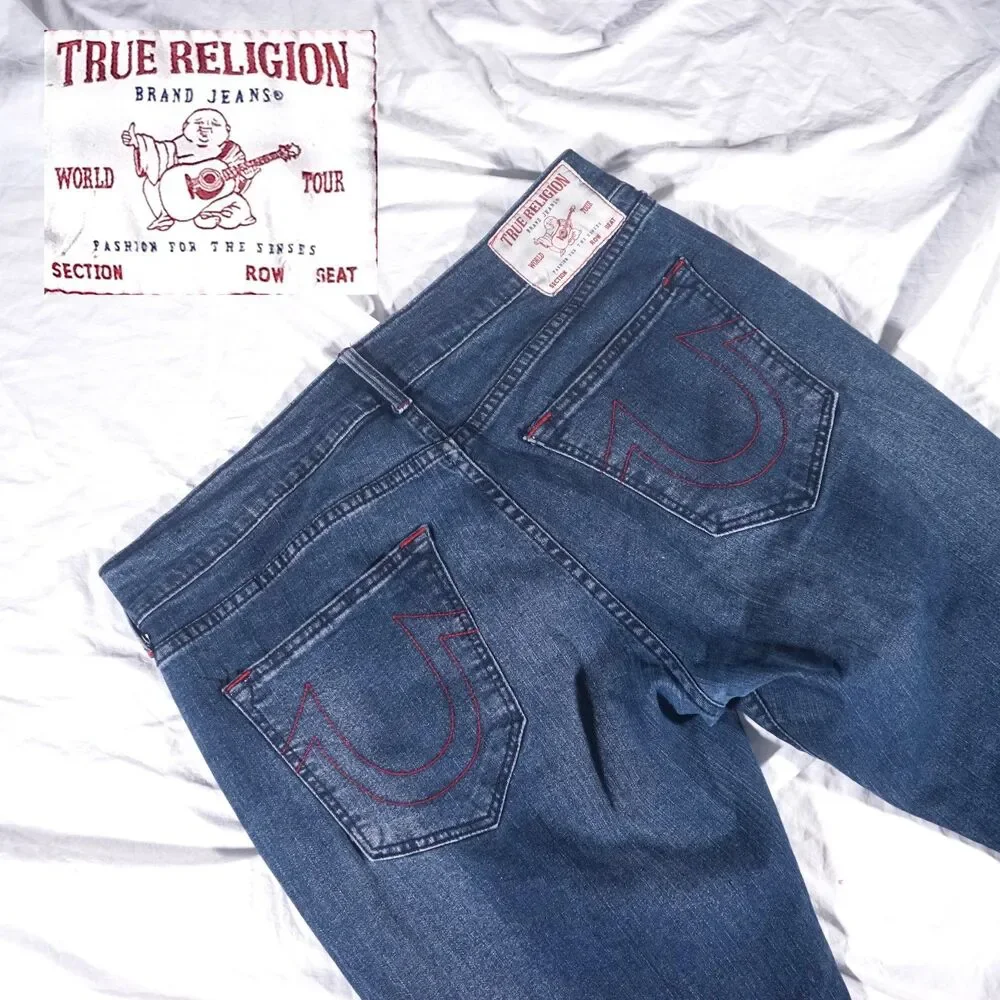 True Religion Ricky Jeans Relaxed Straight Blue Red Stitch Mens 36 36x34